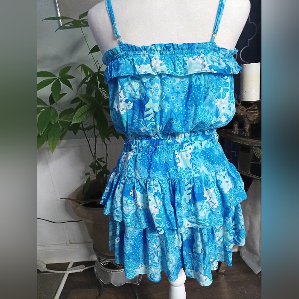 Blue Floral Ruffle Dress Rompers - Picture 6 of 14